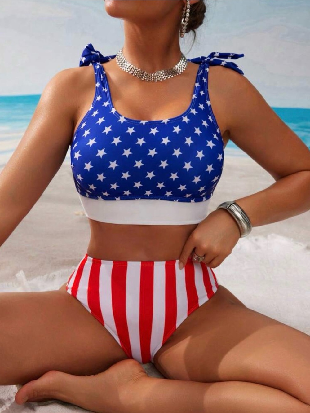 Women’s Star & Stripe High-Waist Bikini Set - Blue & Red Size L- NEW
